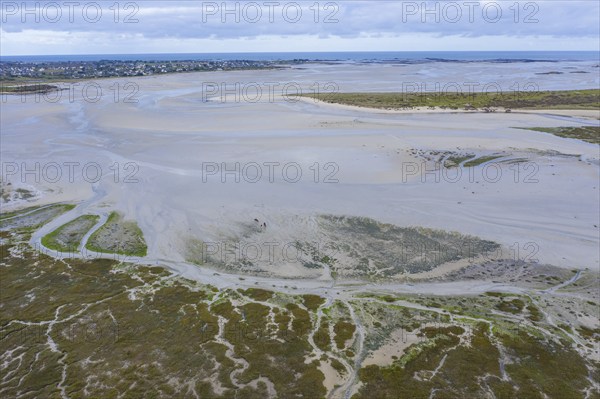 Aerial view Baie de Goulven bay at Keremma dune on the English Channel at low tide, sandbanks,