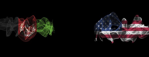 Flags of Afghanistan and USA on Black background, Afghanistan vs USA Smoke Flags