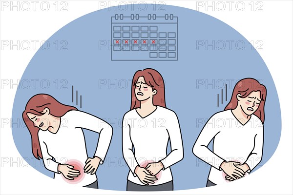 Unhealthy woman suffer from painful menstruation. Unwell female struggle with stomach ache during