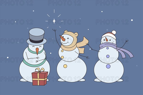 Diverse happy snowmen in hats and scarves congratulate with New Year holidays. Smiling snow men for