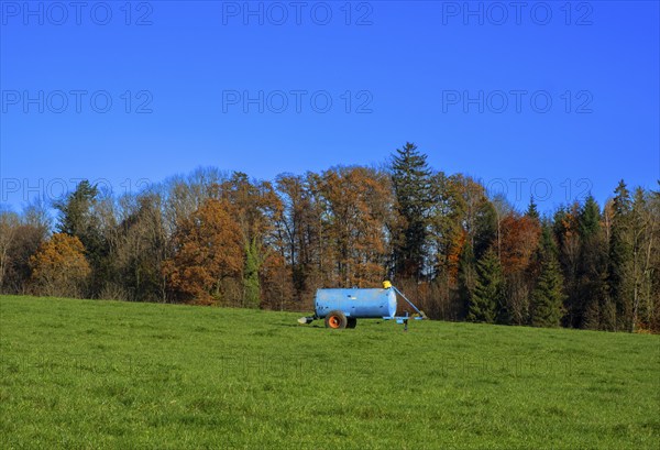 Drinking trough in a meadow in front of an autumn forest, Leimbach, Thurgau, Switzerland, Europe
