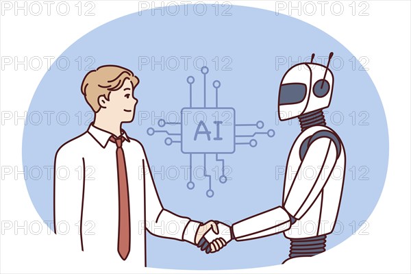 Man shakes hands with robot as sign of friendship between humans and artificial intelligence AI.