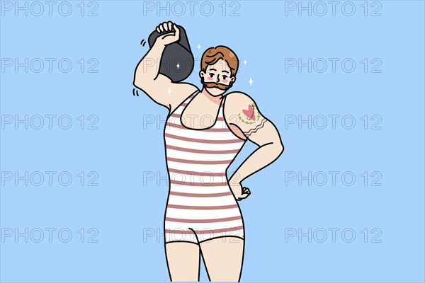 Male circus powerlifter with tattoo wear tricot lift dumbbell show power. Strongman or weightlifter