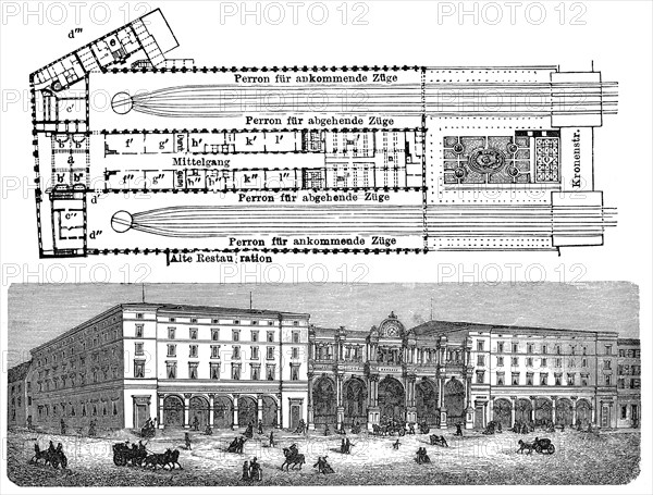 Historical illustration, 19th Century, Main station, Stuttgart21 project, Stuttgart,