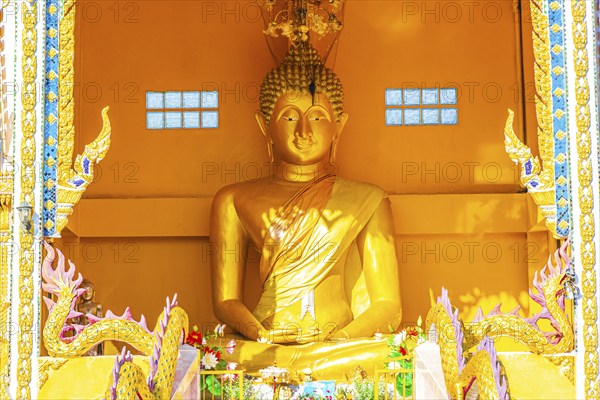 Golden Big Buddha statue in holy shrine in Wat Phadung Tham Phothi temple in Khao Lak Phang-nga