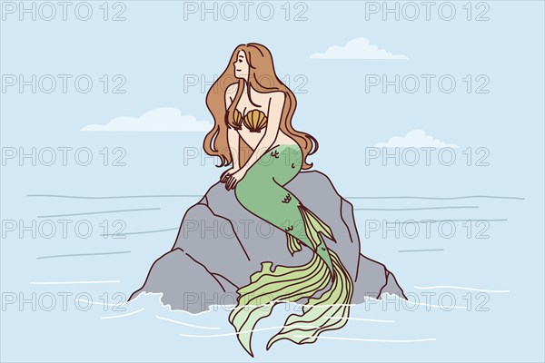 Mermaid sits on sea rock to illustrate fairy tales about ocean dwellers and magical creatures