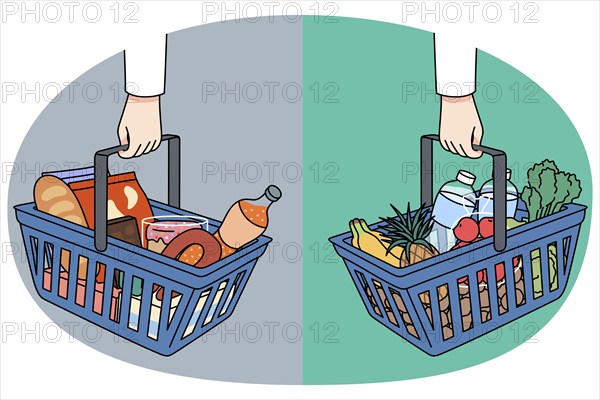 Shopping baskets with healthy and unhealthy food. Nutritious wholesome and harmful junk meal choice