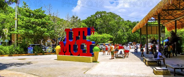Tulum Mexico 19. August 2023 Big red sign lettering writing Tulum Magico in Tulum Quintana Roo