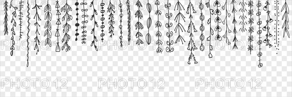 Hanging decorative lines with leaves doodle set. Collection of hand drawn hanging from above