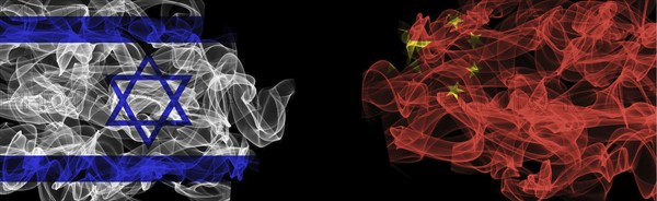 Flags of Israel and China on Black background, Israel vs China Smoke Flags