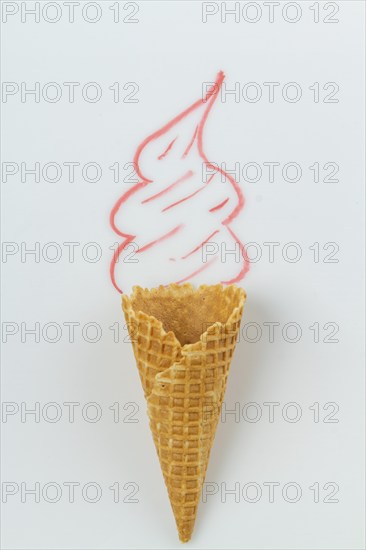 Ice cream with real waffle cone and hand drawn cream. Vertical shot white background