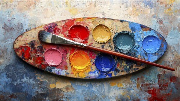 Wooden palette with vibrant thick paint and a brush on an abstract textured background, AI