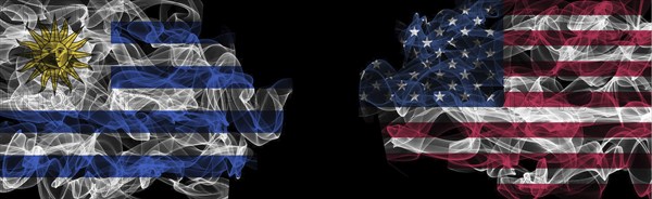 Flags of Uruguay and USA on Black background, Uruguay vs USA Smoke Flags