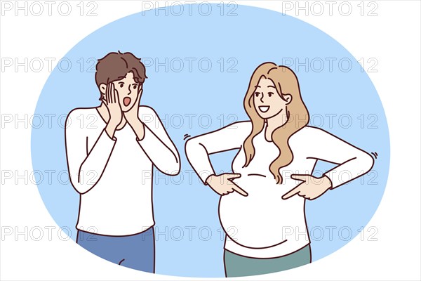 Shocked man is surprised to see pregnant woman and does not want to become father or take girl as