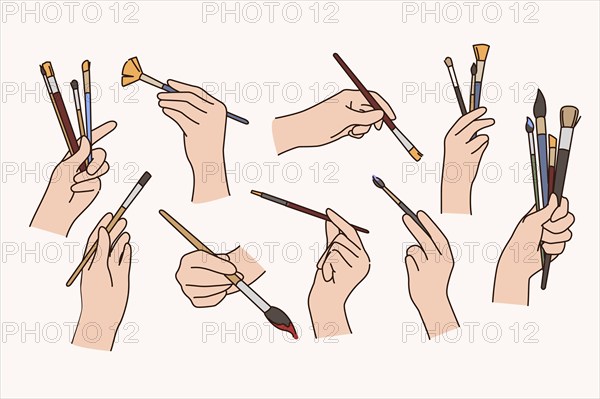 Set of person hands holding painting brushes. Collection of people artists or painter with artistic