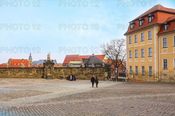Bamberg, Germany, February 19, 2017: Bamberg city center view with statue, cathedral square and
