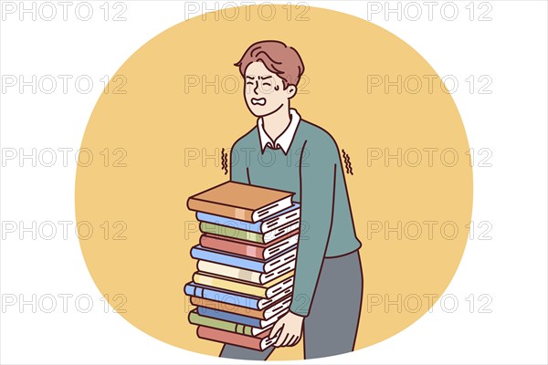 Exhausted man carries large stack of books suffering from overload while preparing for exams. Guy