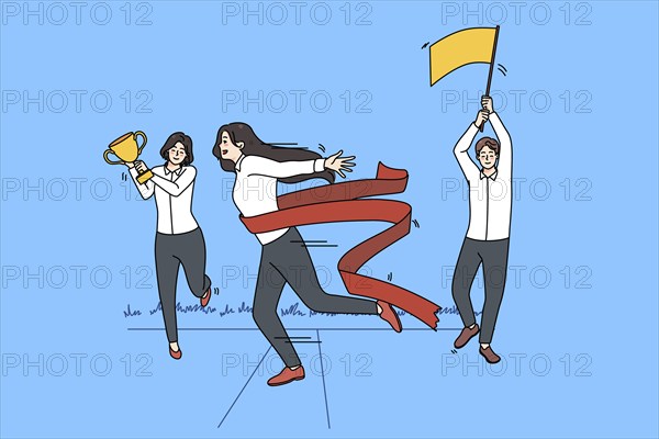 Motivated female employee feel euphoric cross finish line reach business goal. Excited woman worker