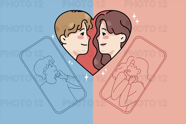 Happy man and woman dating texting online on social media on cellphone. Male and female couple talk