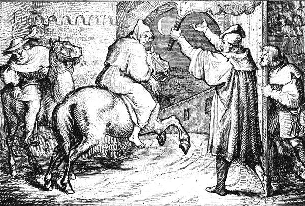 Martin Luther leaves Augsburg on horseback, city gate, night, riding, torch, secret, religion, 16th