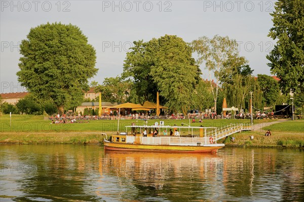 Elbe ferry in Dresden Johannstadt, right next door is the Fährgarten, a pub with a beer garden that