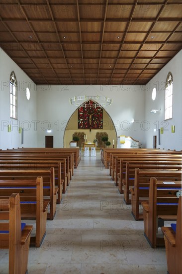 Pews, back choir room, Protestant St. Andrew's Church, sacred building, Eningen unter Achalm,