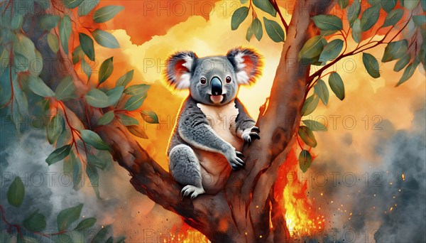 Climate change, global warming, bushfires, a koala in Australia sitting on a burning eucalyptus