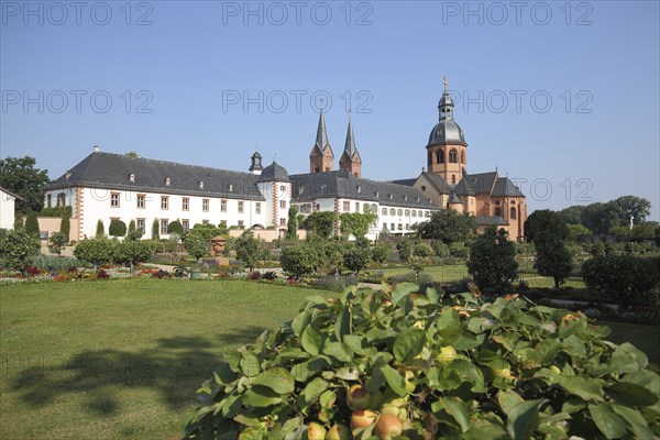 Einhard Basilica of St. Marcellinus and Peter and garden with apple tree and fruit, monastery