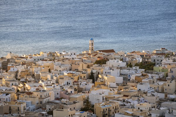 View from Ano Syros to the houses of Ermoupoli and church in the morning light, Ano Syros, Syros,