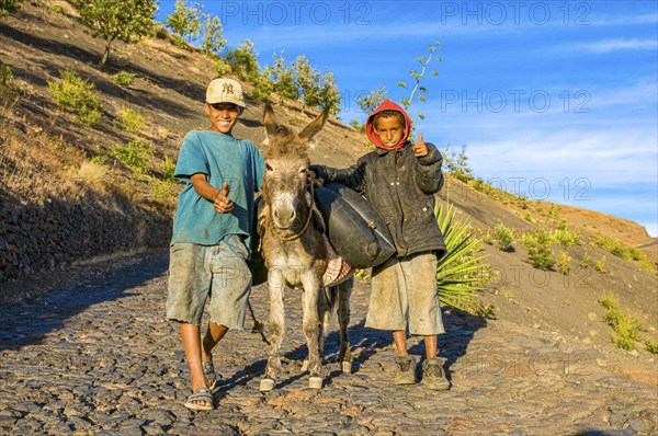 Children with donkey on path. Fogo. Cabo Verde. Africa