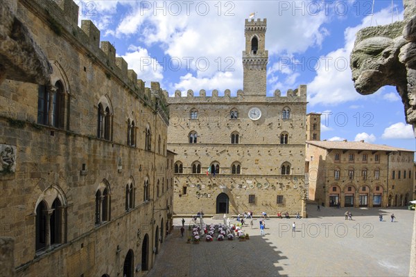 View of historical building from the Middle Ages Palazzo dei Priori town hall of Volterra built in