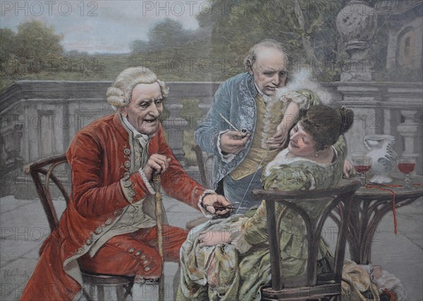 A distinguished company on a Sunday afternoon, a man blowing pipe smoke into a woman's face. Colour