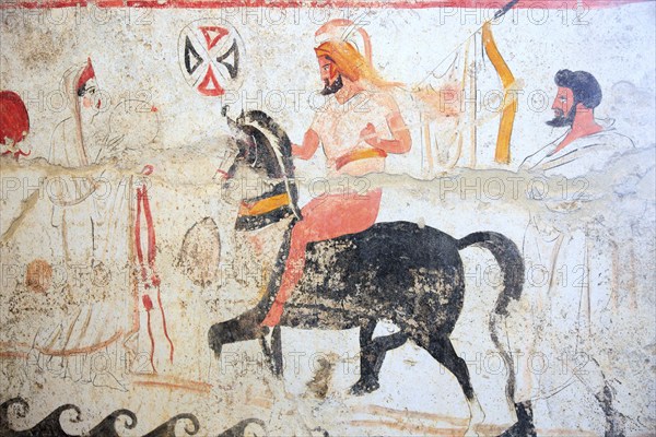 Tomb painting from a chamber tomb from ca 480 B. C. Lucanian period, in the Museum of Paestum,