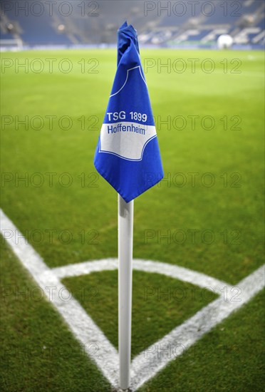Corner flag, TSG 1899 Hoffenheim logo, grass, stadium interior, empty, PreZero Arena, Sinsheim,