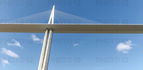 Millau viaduct, cable-stayed bridge over Tarn valley. The highest road bridge in the world. A75
