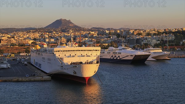 Evening light, ships, ferries, Kriti I, mountain, blue sky, harbour, Heraklion, capital, island of