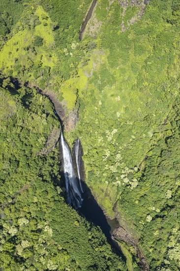 Aerial view Manawaiopuna Falls (Jurassic Park Falls), Kauai, Hawaii, USA, North America