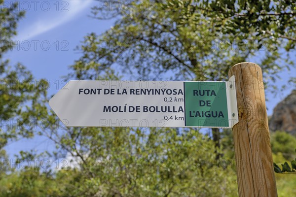 Signpost on the Ruta de LAigua, Rod of Water, River Algar, near Bolulla, Costa Blanca, Province of