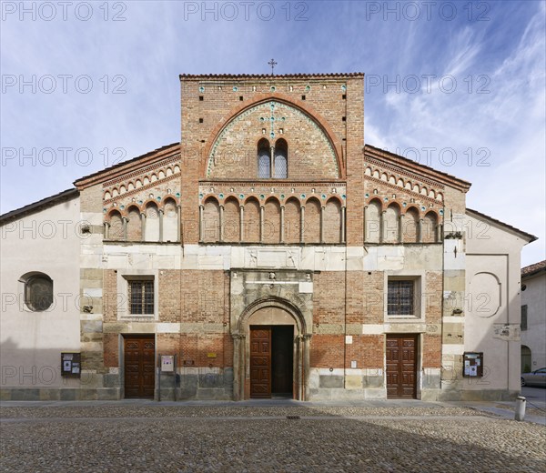 Façade with Roman spolia, Church of San Pietro, Cherasco, Province of Cuneo, Langhe, Piedmont,