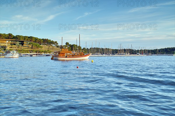Boats in Rovinj harbour, sea, blue sky, Istria, Croatia, Europe