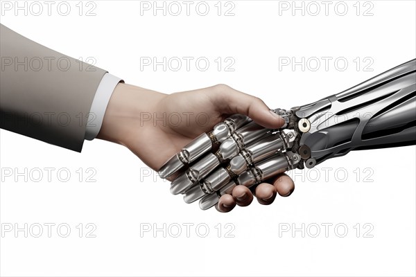 Handshake between a human hand and a robot metallic hand. The image symbolizes partnership, trust,