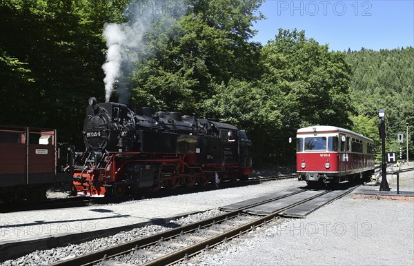 Steam locomotive of the Harz narrow gauge railway and rail bus, railcar in the Harz mountains,