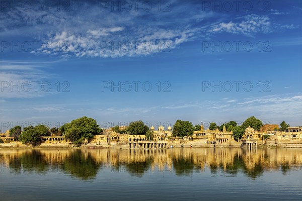 Indian tourist landmark Gadi Sagar, artificial lake. Jaisalmer, Rajasthan, India, Asia