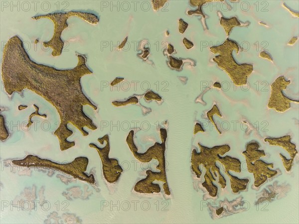 Patches of land appear while the tide is going out, in the marshland of the Bahía de Cádiz, aerial