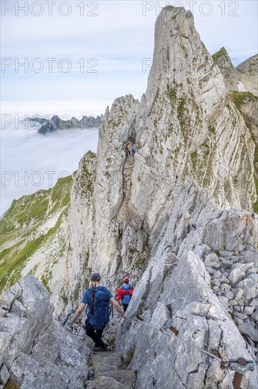 Hikers on the Lisen ridge, hiking trail to Säntis, Appenzell Ausserrhoden, Appenzell Alps,