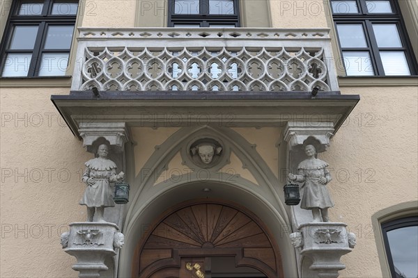 Balcony and entrance in the style of historicism, built in 1904, Hotel zur Post, Schrobenhausen,