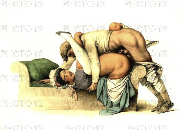Couple having sex, Erotic illustration by Peter Johann Nepomuk Geiger, c. 1850, Austria, Historic,