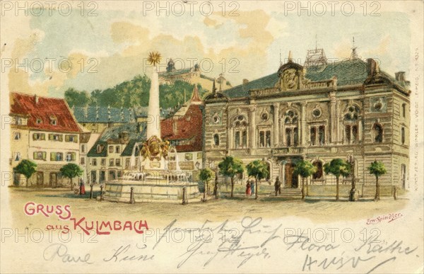 Old picture postcard from Kulmbach with the market place and the Plassenburg, around 1910, Upper