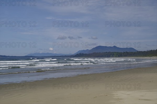 Endless empty sandy beach with swell and mountains in the background, Long Beach, Pacific Rim