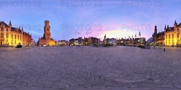 360 spherical panorama of Brugge Grote Markt square with famous tourist attraction Belfry and